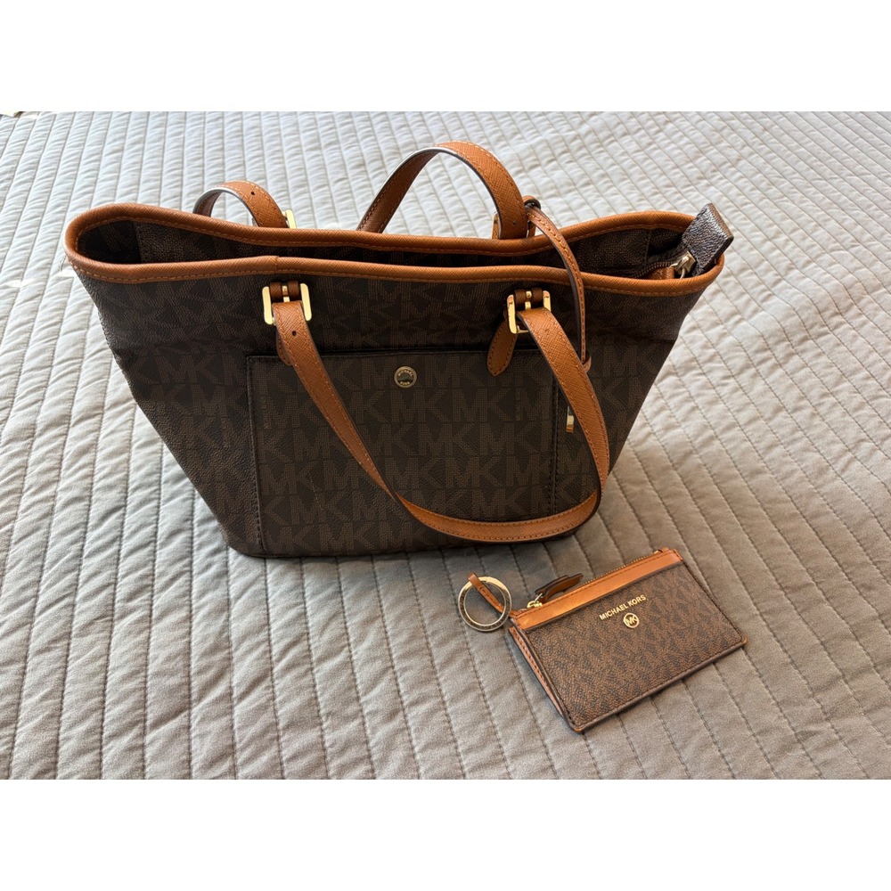 Michael Kors Jet Set Travel Signature Brown Tote Bag with Matching Card Case